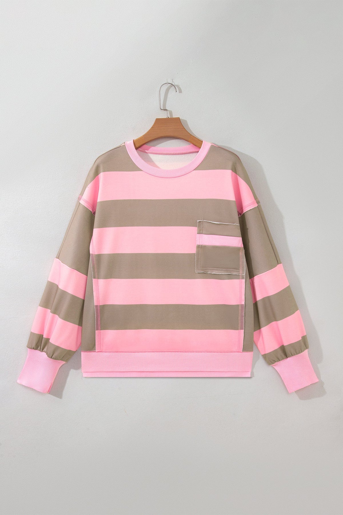 Stripe Colorblock Patch Pocket Long Sleeve Oversized Sweatshirt