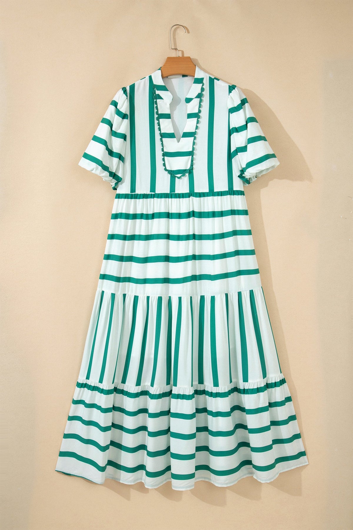 Stripe Ricrac Trim Notched Neck Midi Dress