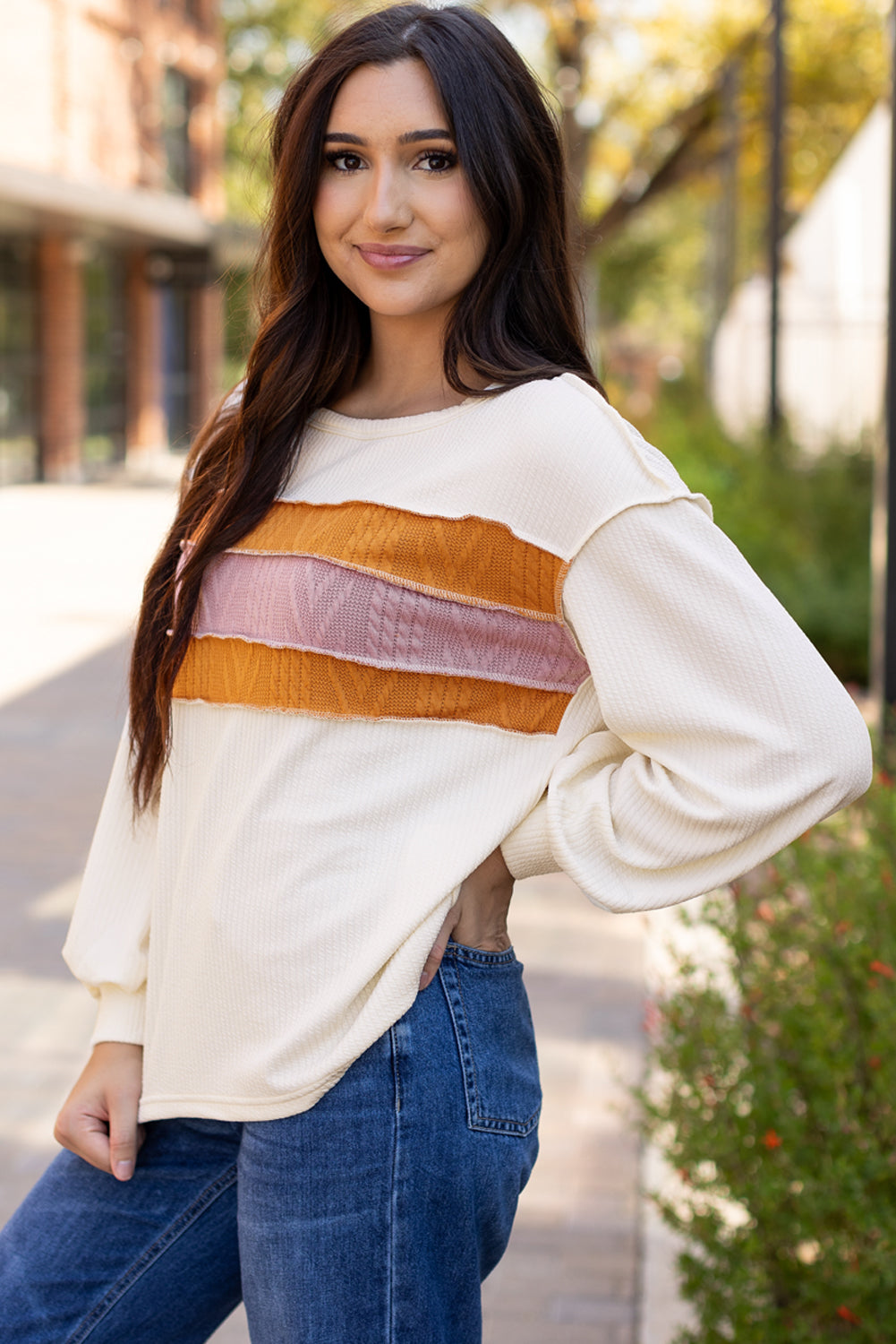 Corded Knit Reverse Seam Patchwork Drop Sleeve Top