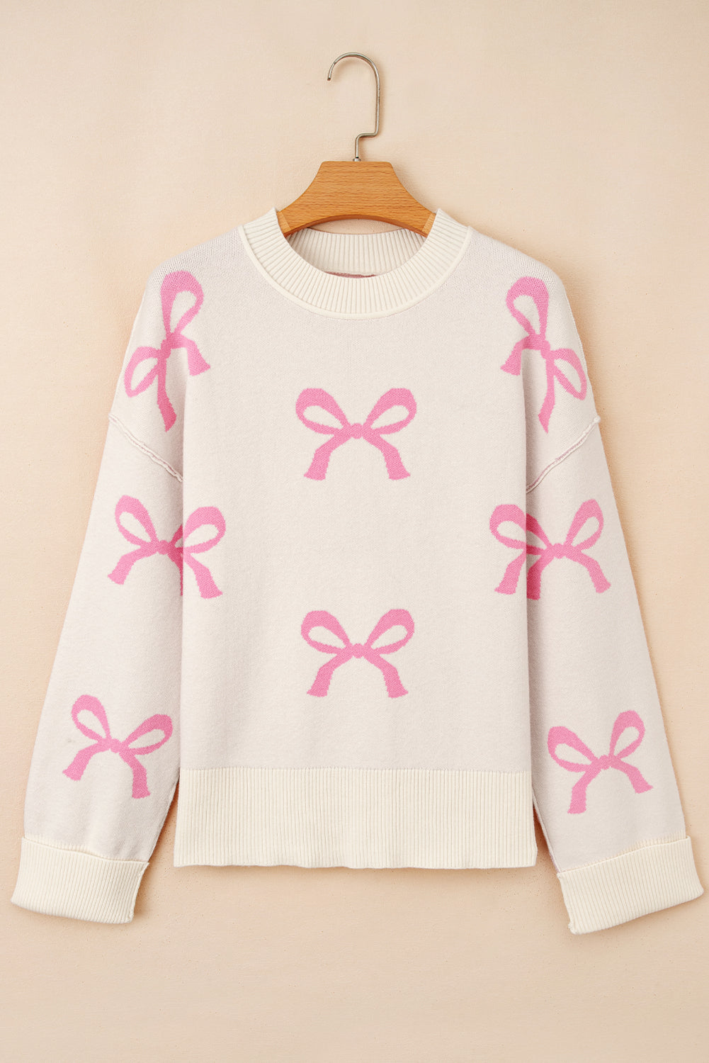 Bow Tie Ribbed Trim Drop Shoulder Sweater