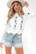 Floral Embroidered Scallop Hem Sweater