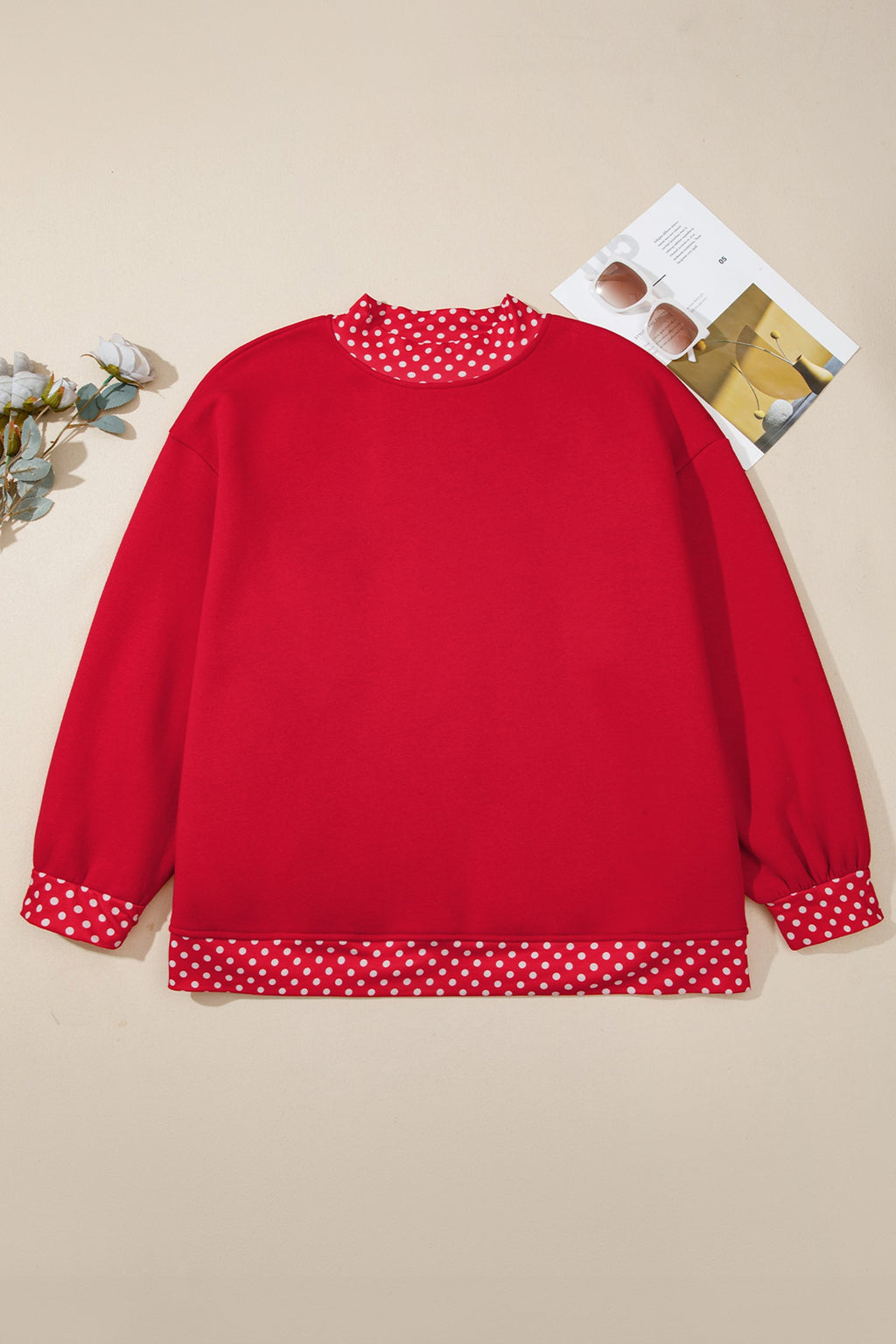 Plus Size Polka Dot Contrast Trim Mock Neck Sweatshirt