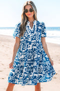 Floral Ricrac Trim Split Neck Tiered Mini Dress