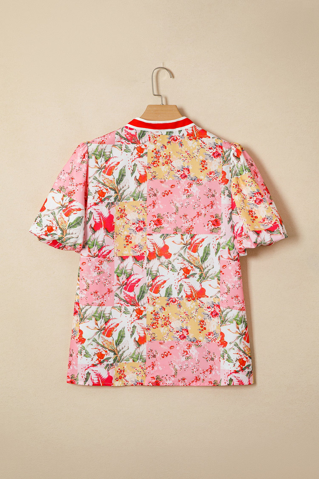 Floral Contrast Collared V-Neck Short Sleeve Blouse