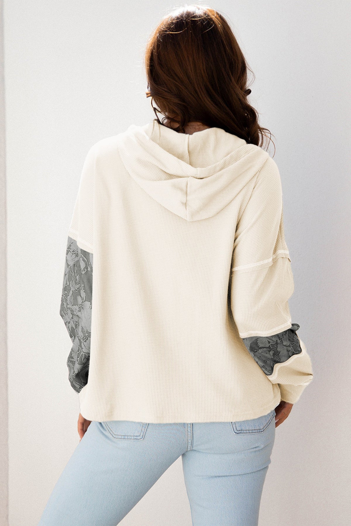 Stripe Waffle Patchwork Hooded Long Sleeve Top