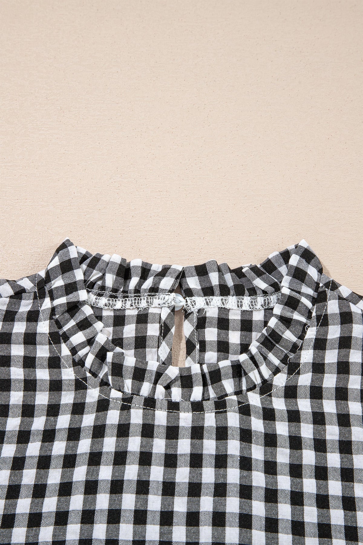 Gingham Plaid Puff Sleeve Frilled Neck Blouse
