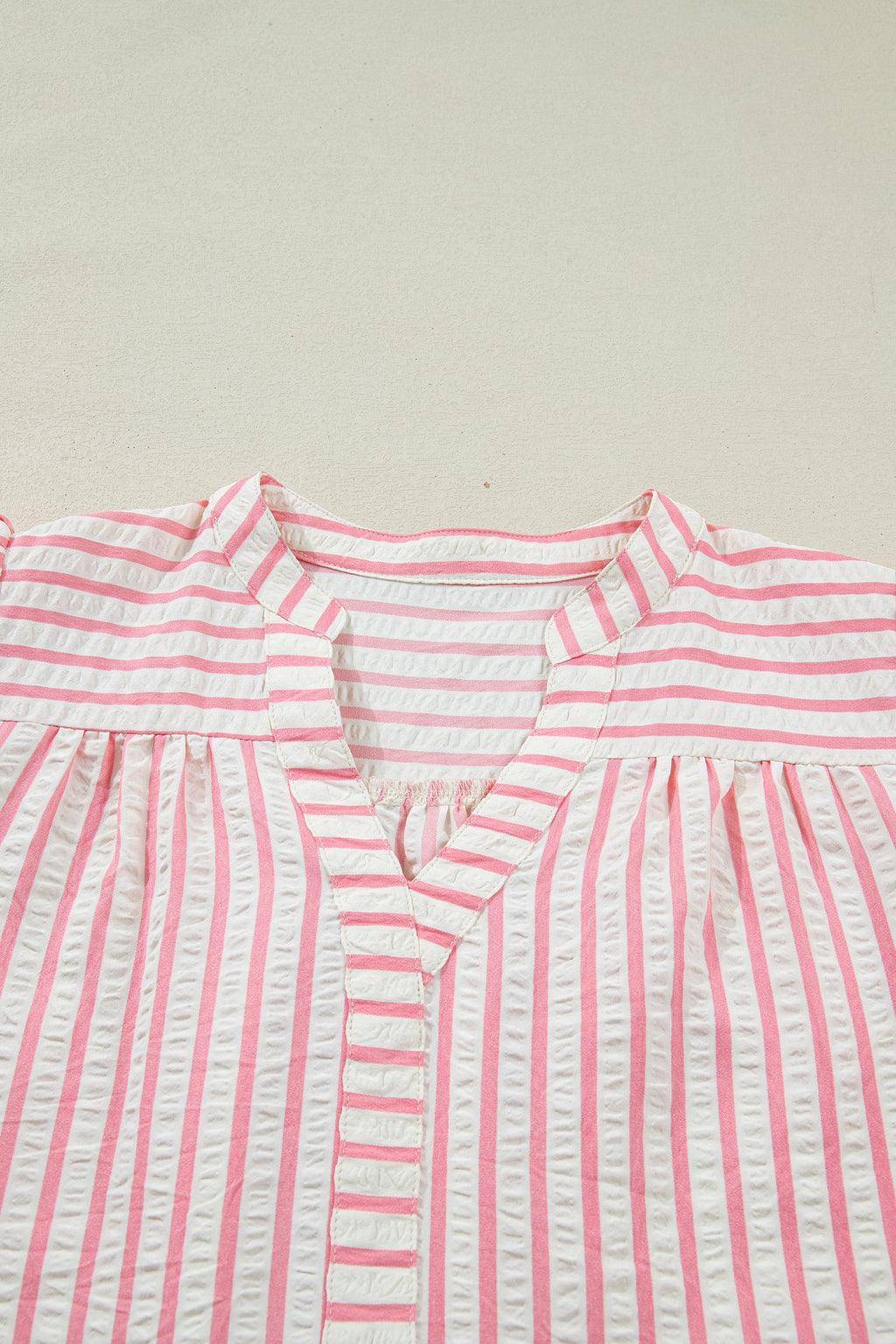 Floral Stripe Embroidered Puff Sleeve V-Neck Blouse