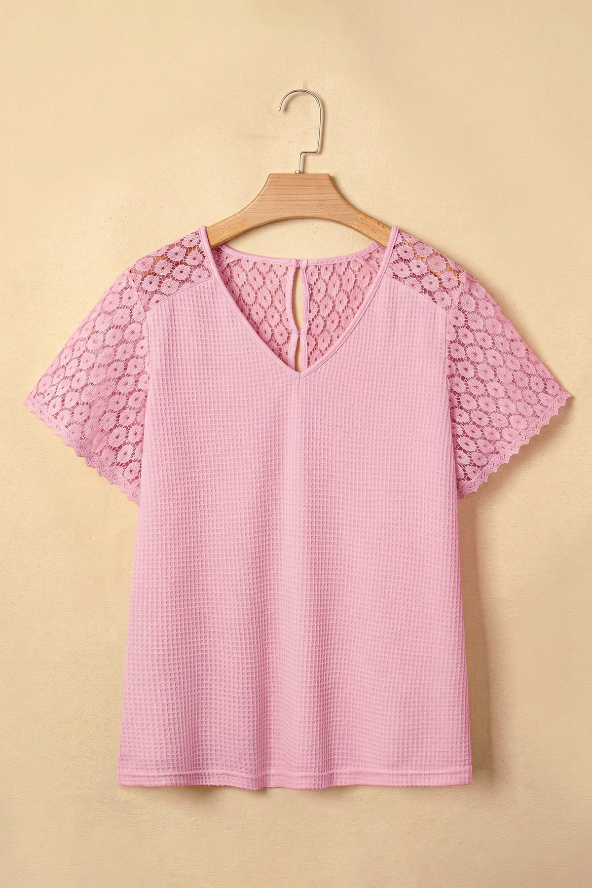 Lace Patchwork Buttoned Cutout Waffle Knit Blouse