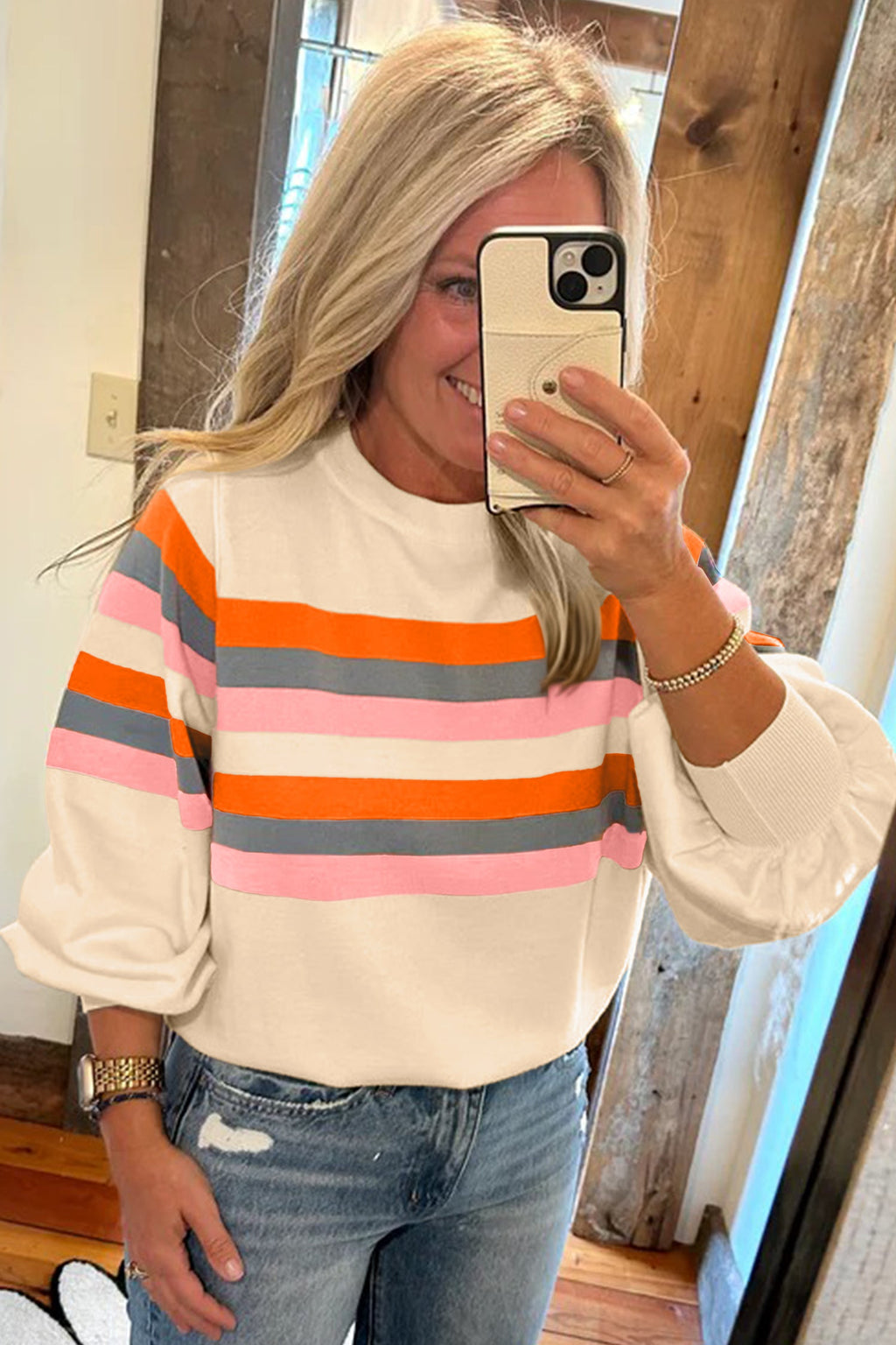 Stripe Puff Sleeve Pullover Sweatshirt
