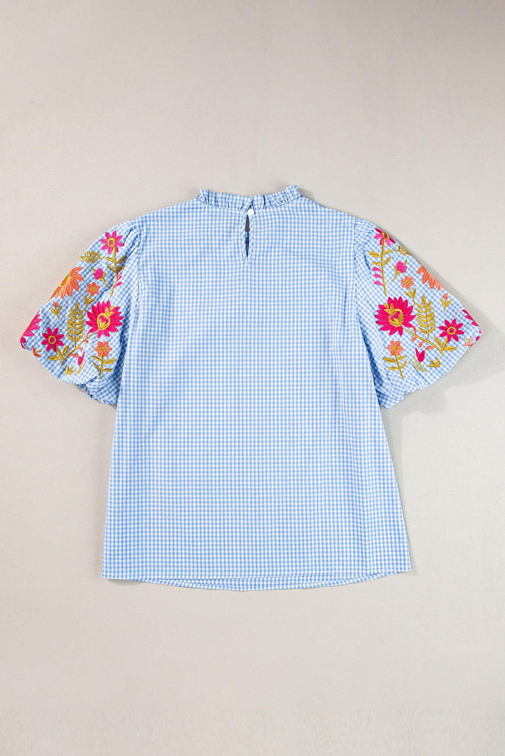 Gingham Floral Embroidered Puff Sleeve Blouse