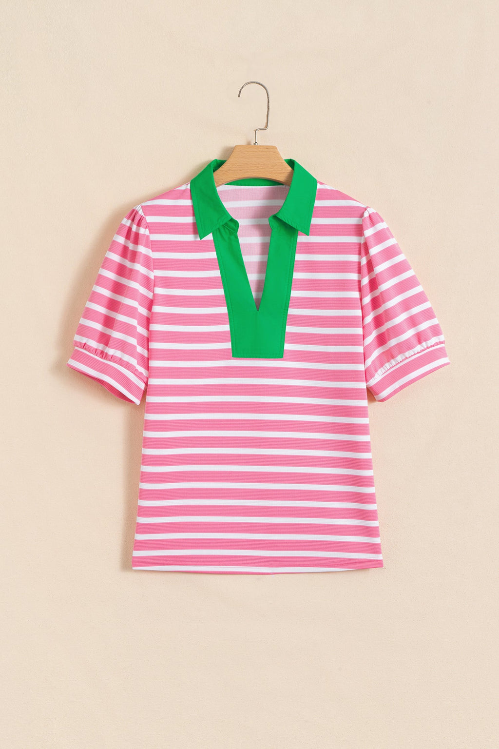 Stripe Colorblock Puff Sleeve Polo Collar Blouse