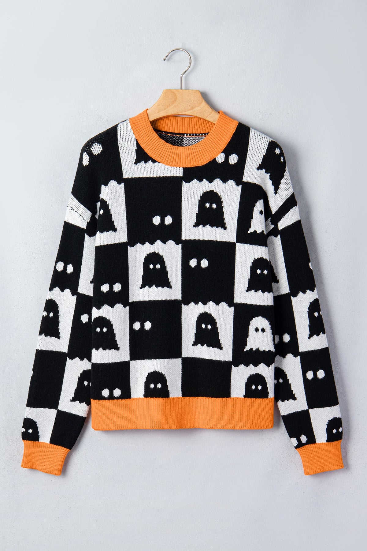 Halloween Ghost Checker High Neck Drop Shoulder Sweater