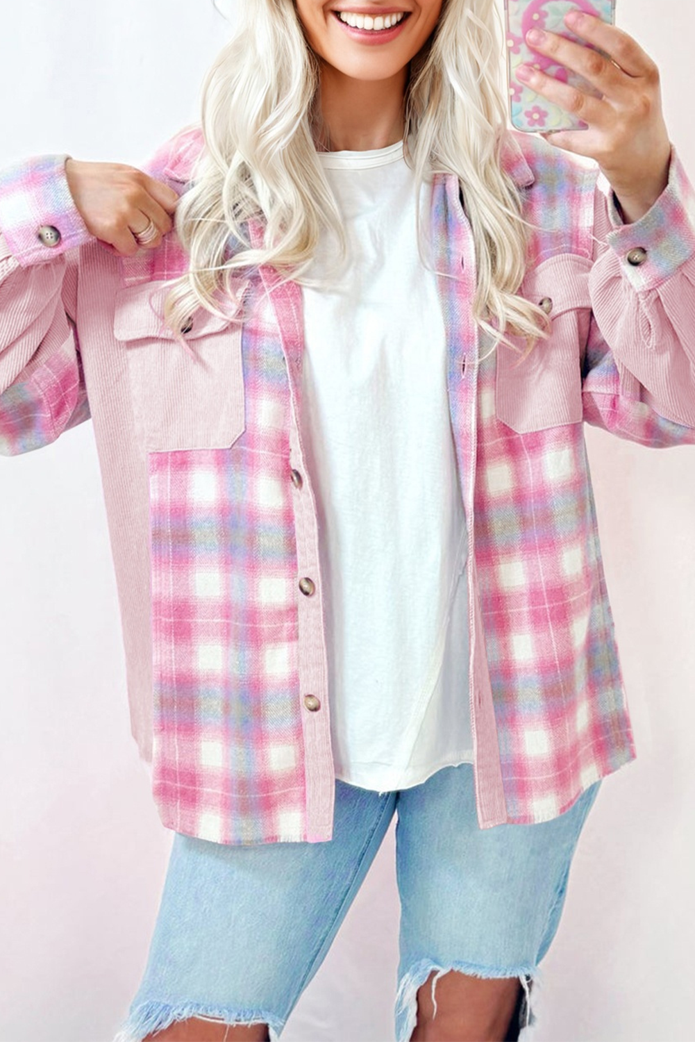 Plaid Corduroy Patchwork Flap Pocket Shacket