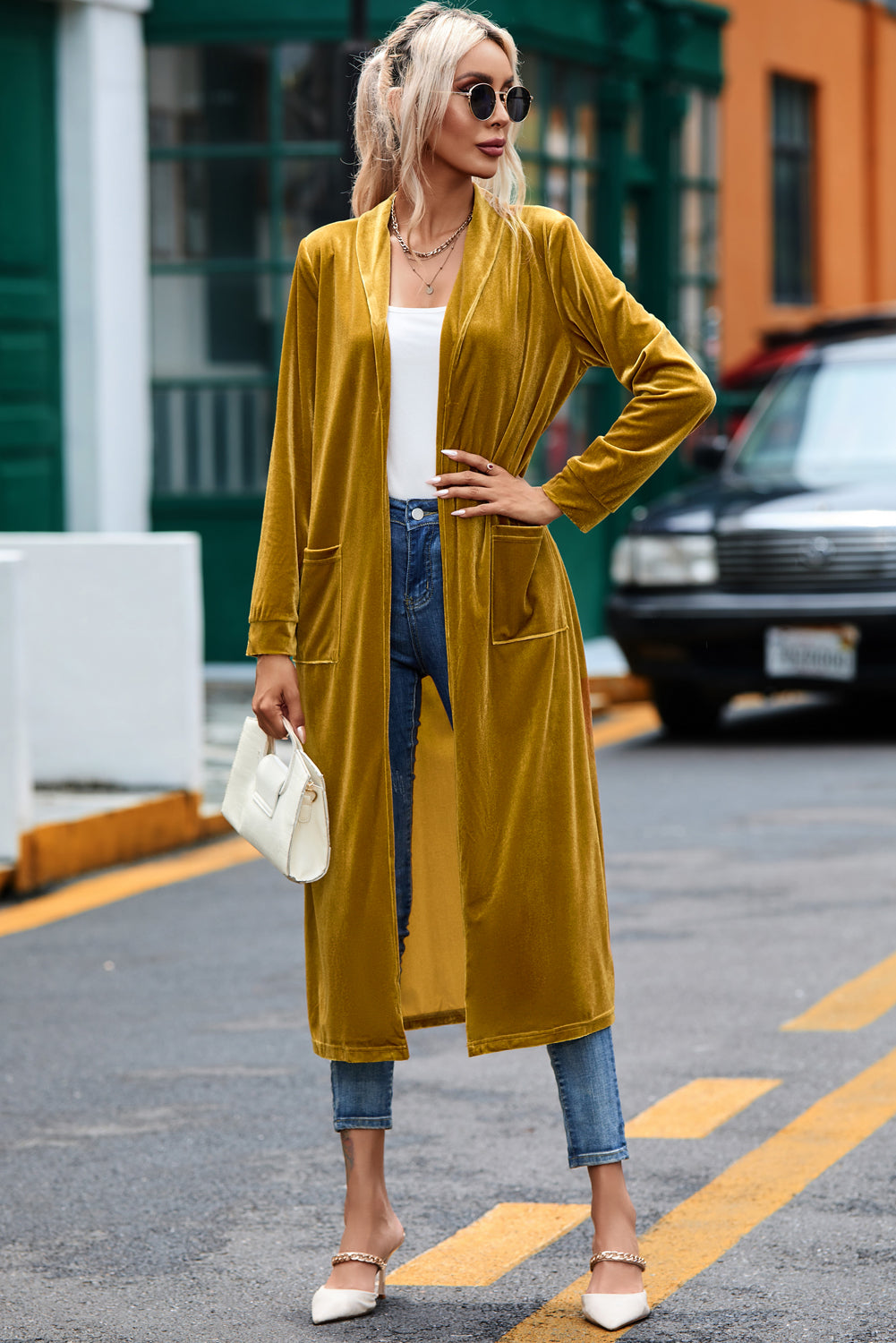 Velvet Open-Front Pocketed Cardigan