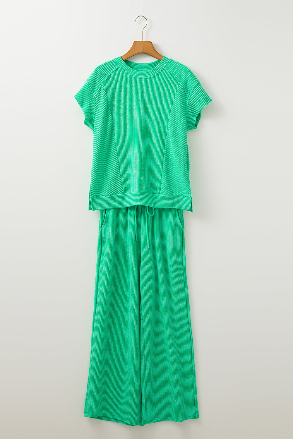 Solid Corded T-Shirt and Pants Set