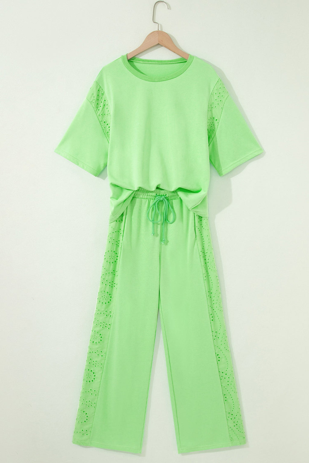 Solid Embroidered Eyelet Patchwork Top & Pants Set