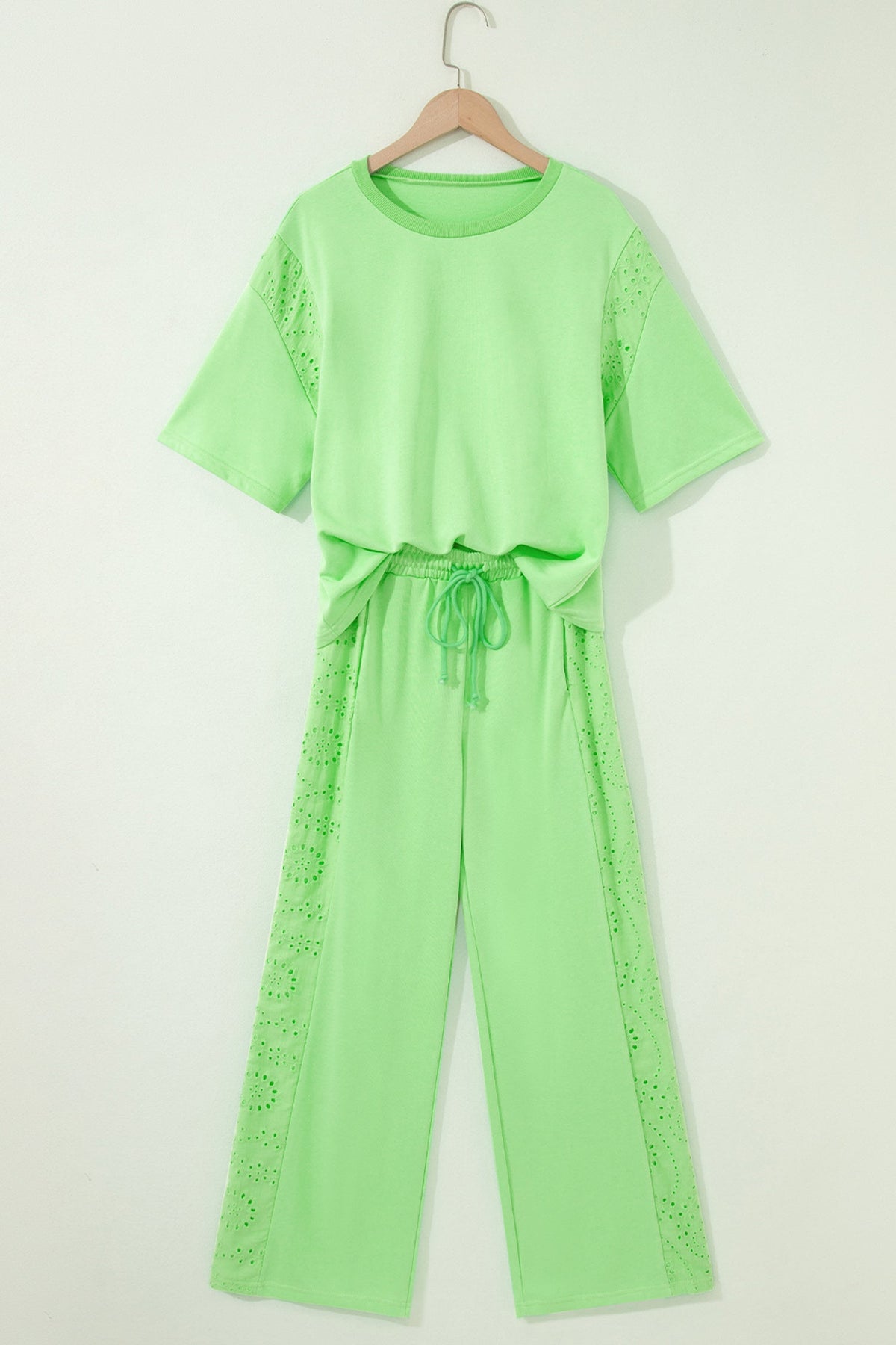 Solid Embroidered Eyelet Patchwork Top & Pants Set