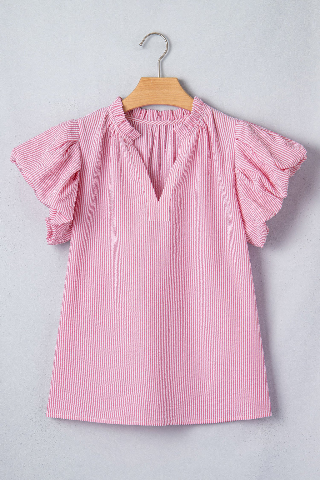 Stripe Short Bubble Sleeve Split V-Neck Blouse