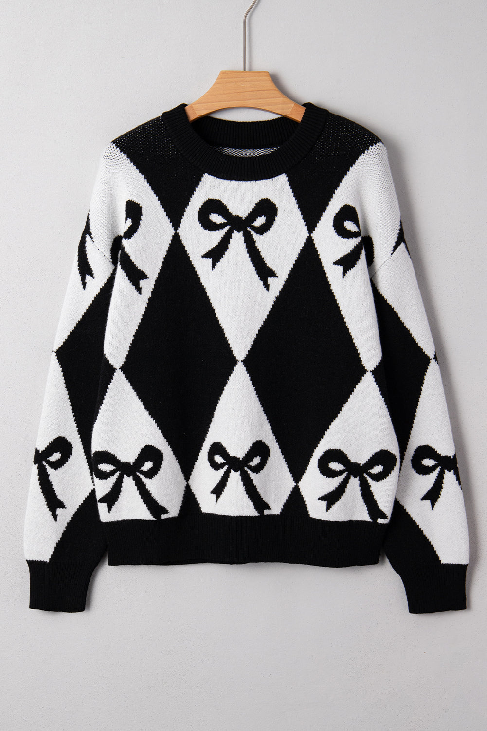 Bow Colorblock Rhombus Drop Shoulder Sweater