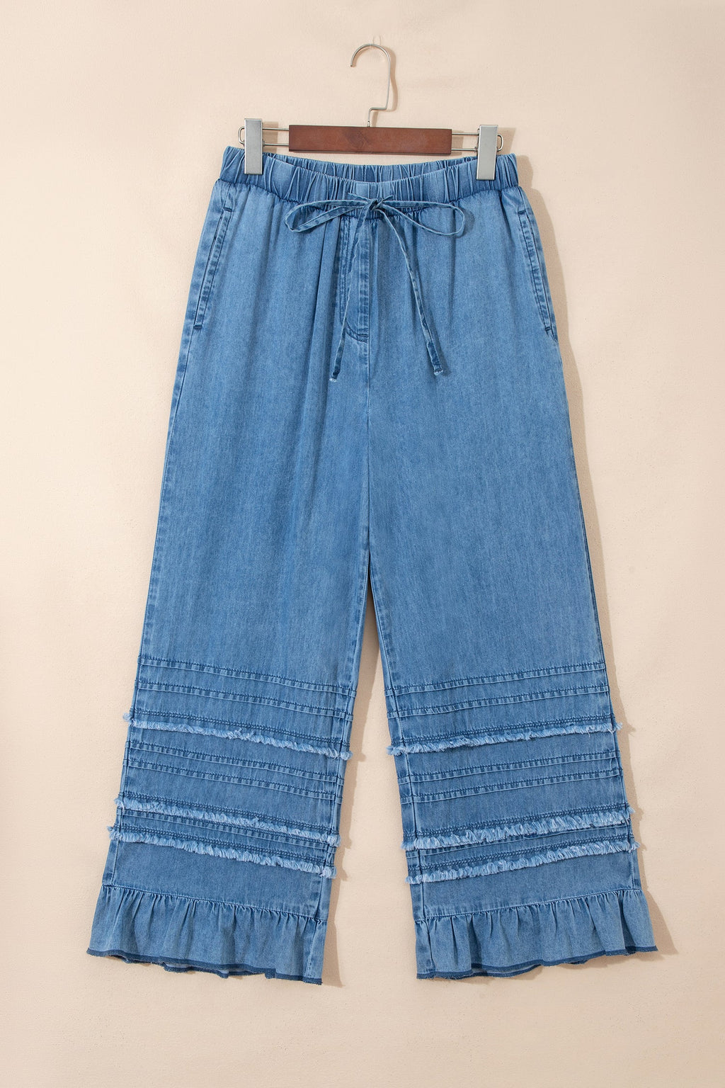 Denim Chambray Ruffle Hem Wide Leg Pants