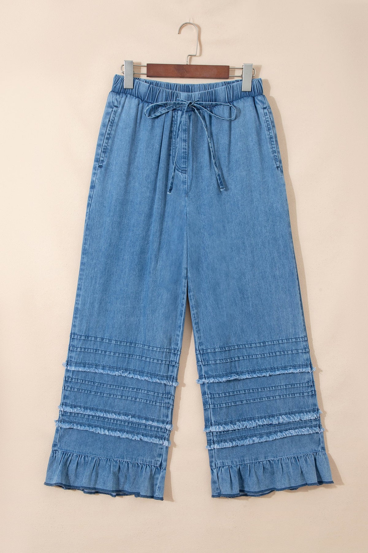 Denim Chambray Ruffle Hem Wide Leg Pants