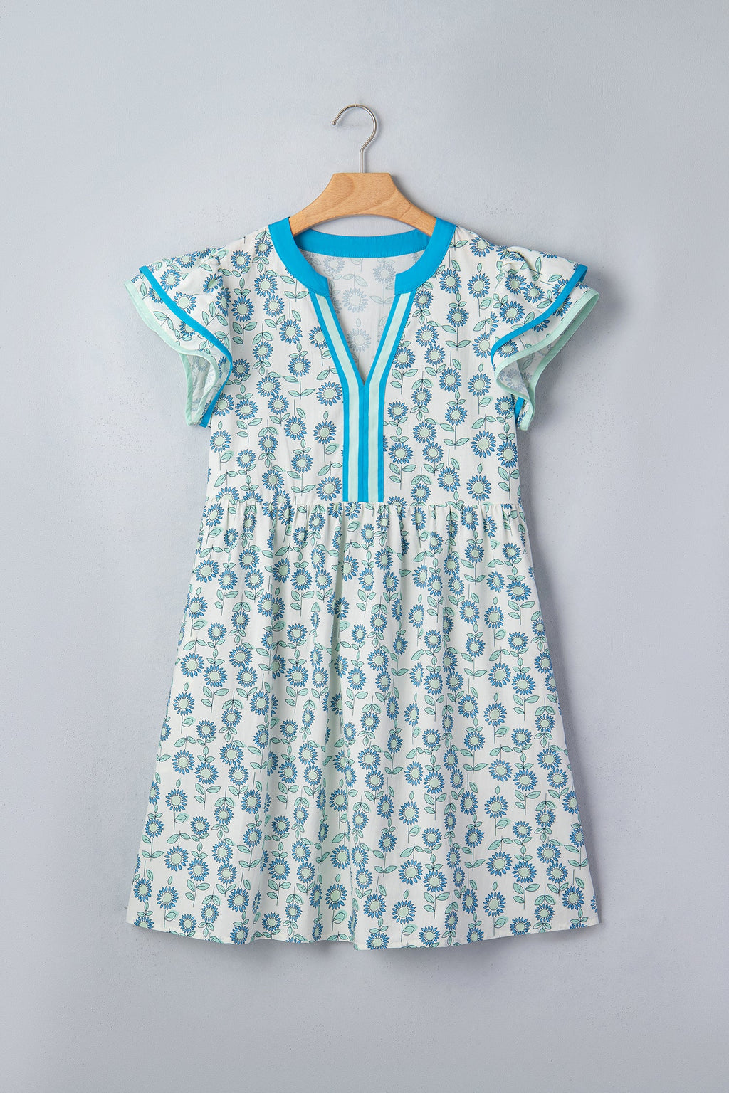Floral Contrast Trim V-Neck Flutter Sleeve Mini Dress