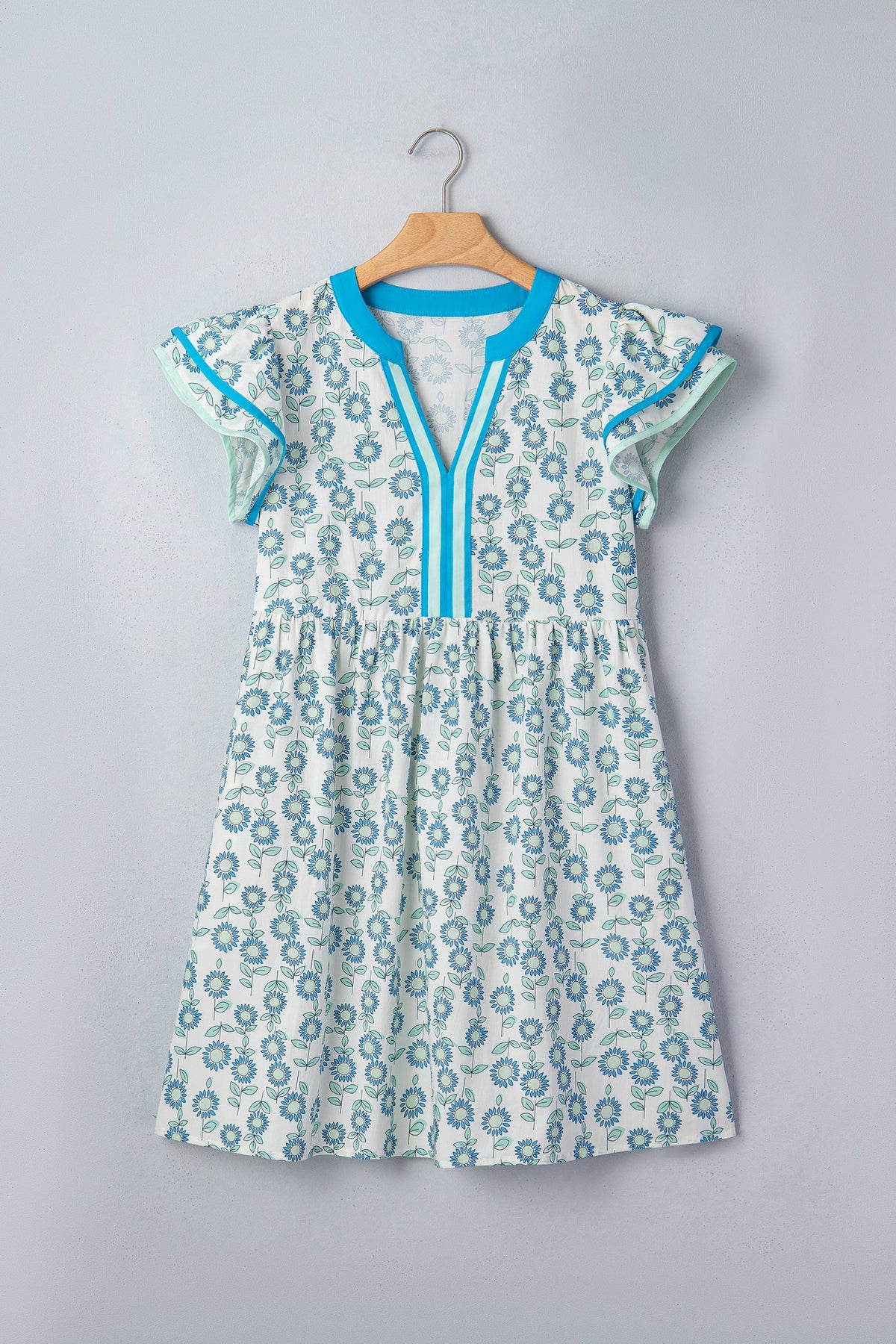Floral Contrast Trim V-Neck Flutter Sleeve Mini Dress