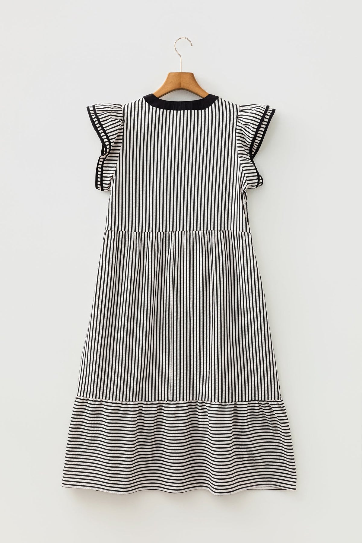 Stripe Ruffle Short Sleeve V-Neck Midi Dress