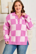 Plus Size Checker Collared Half-Button Henley Sweater