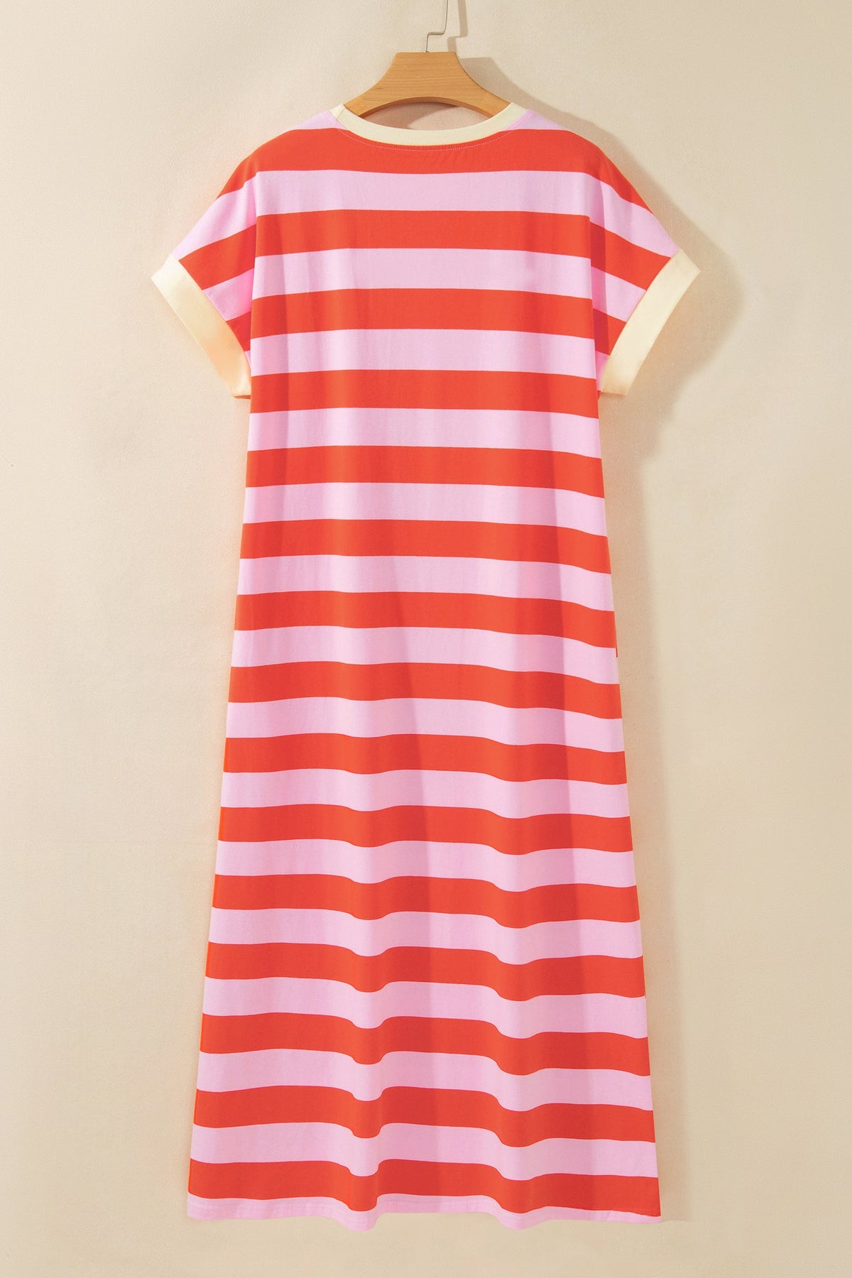 Stripe Cuffed Short Sleeve T-Shirt Long Dress w/ Pockets