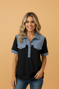Colorblock Denim Waffle Knit Patchwork Polo Top