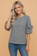Gingham Plaid Bow Ruffle 3/4 Sleeve Blouse