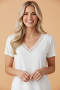 Solid Hollowed Lace Trim V-Neck T-Shirt