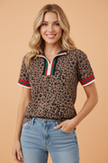 Leopard Stripe Patchwork Half Zip Collared Blouse