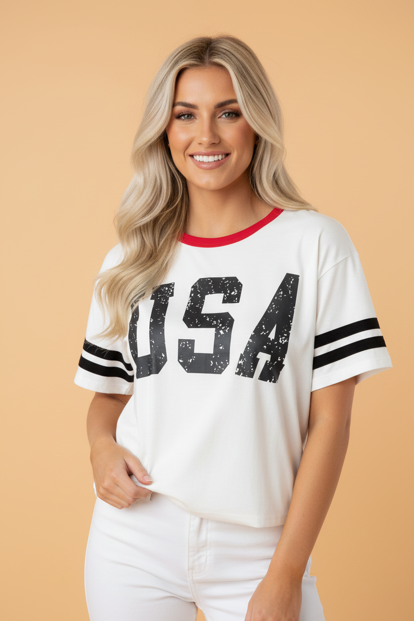 USA Varsity Stripe Trim Short Sleeve Tee
