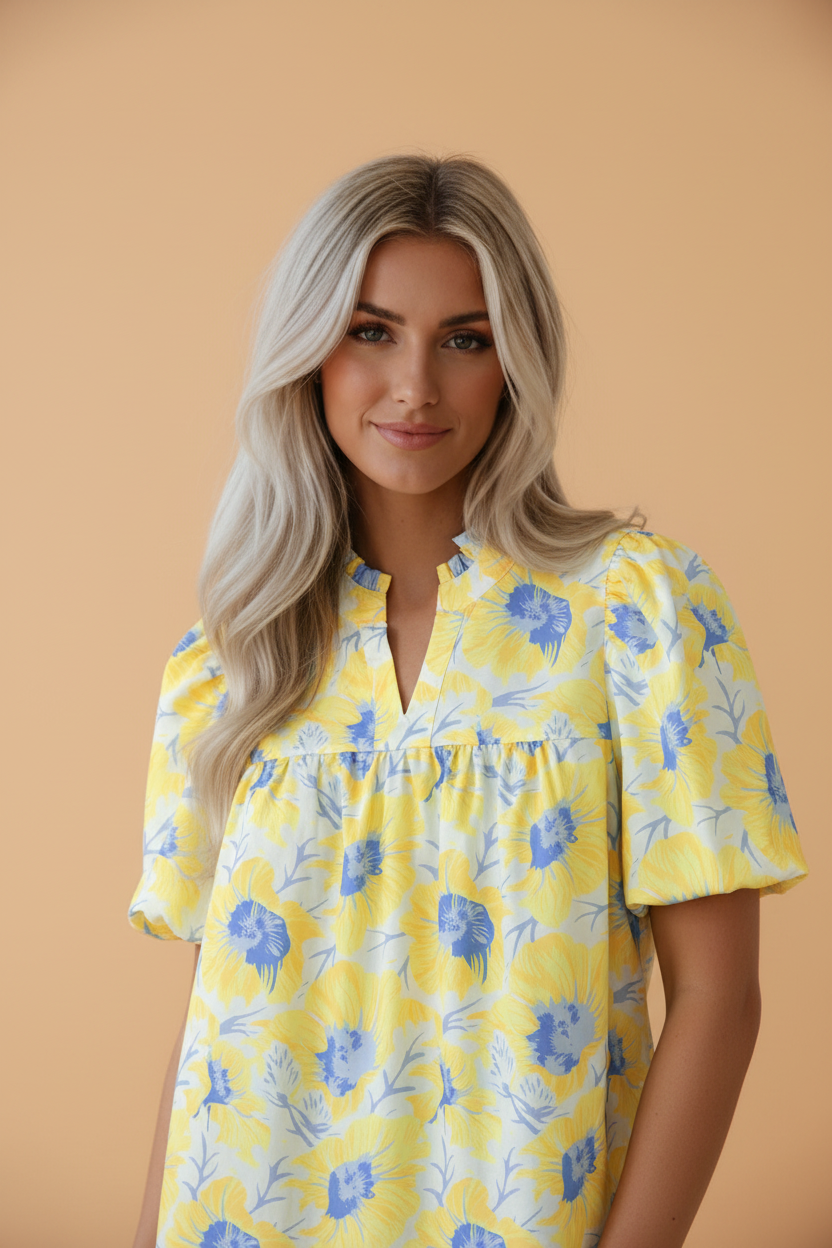 Floral Frilled V-Neck Bubble Sleeve Babydoll Blouse