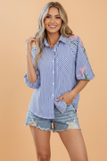 Stripe Floral Lily Embroidered Puff Sleeve Shirt