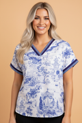 Floral Animal Stripe Trim V-Neck Short Sleeve Blouse