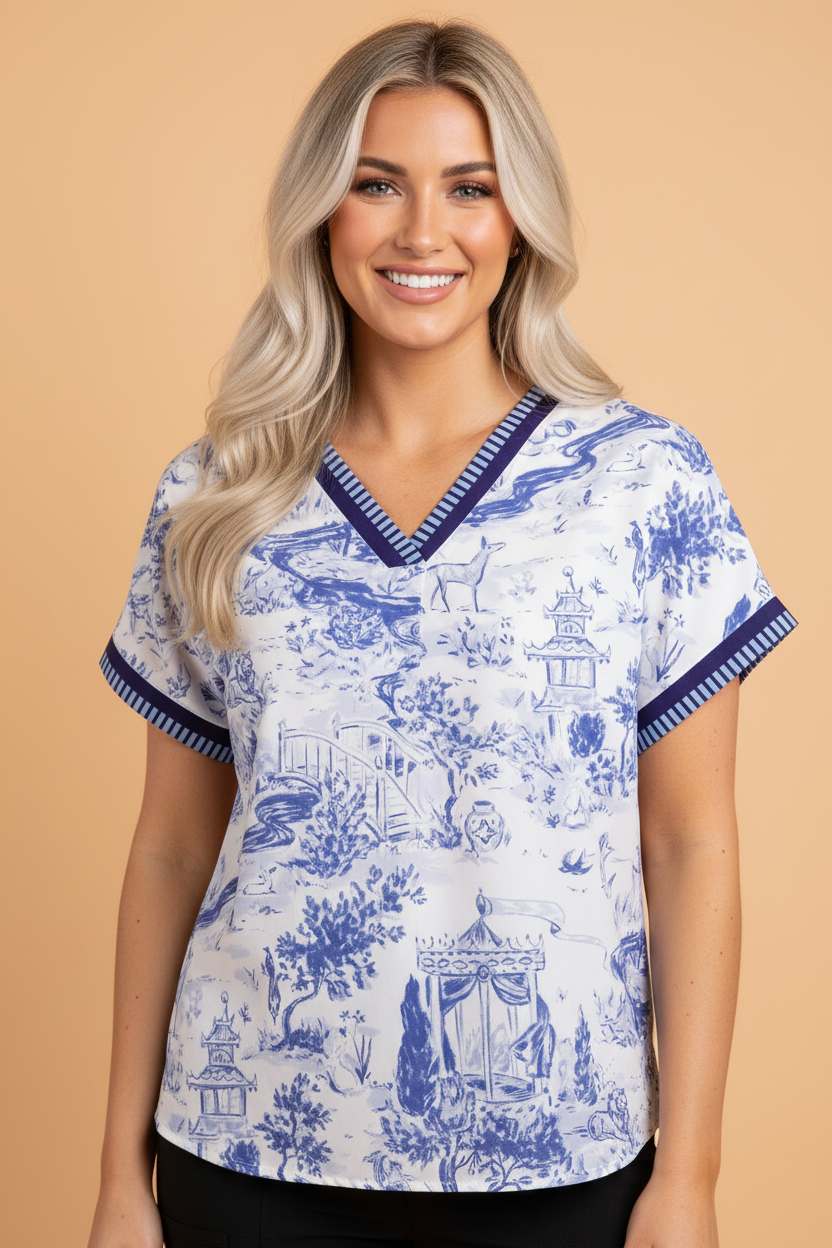 Floral Animal Stripe Trim V-Neck Short Sleeve Blouse