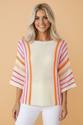 Stripe Detail Wide 3/4 Sleeve Knit Top