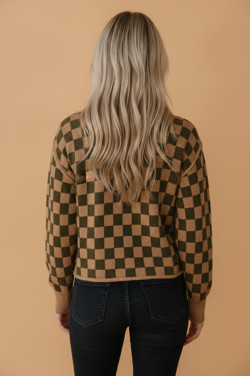 Checker Drop Shoulder Long Sleeve Knit Sweater