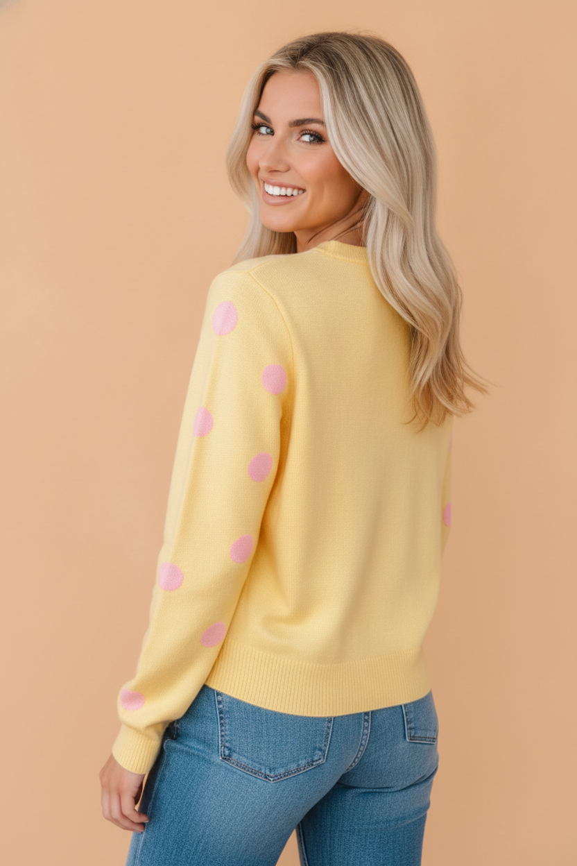 Polka Dot Button Front Sweater Knit Cardigan