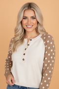 Polka Dot Patchwork Raglan Sleeve Henley Sweater