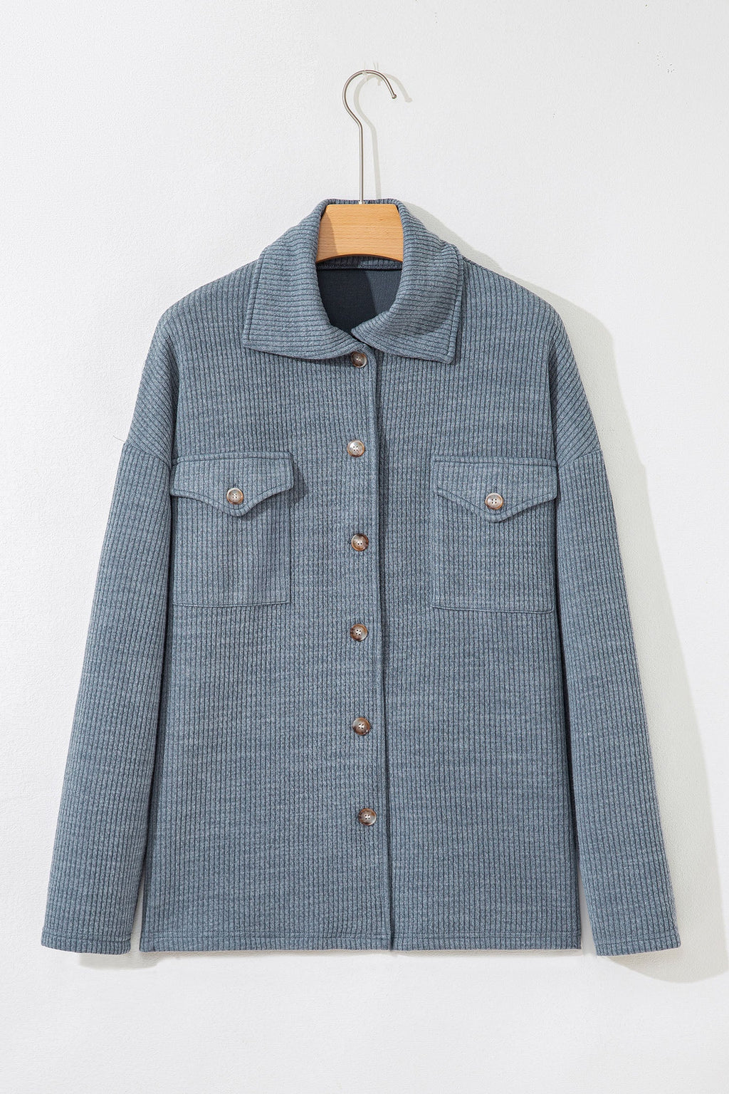 Ribbed Knit Flap Pocket Button-Up Shacket