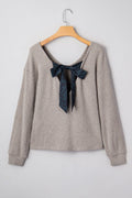 Bow Back Ribbed Knit V-Neck Drop Shoulder Top