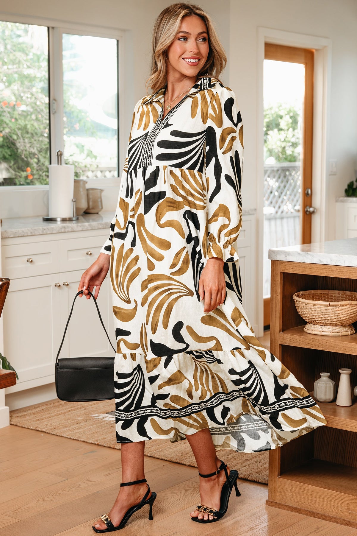 Tropical Contrast Trim Ruffle Hem Dress