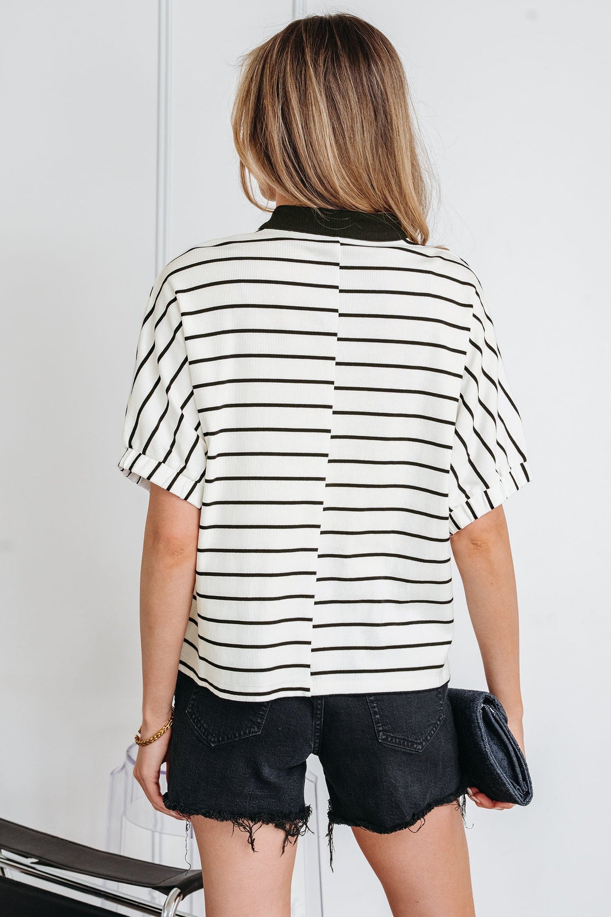 Stripe Stand Collar V-Neck Dolman Sleeve Top
