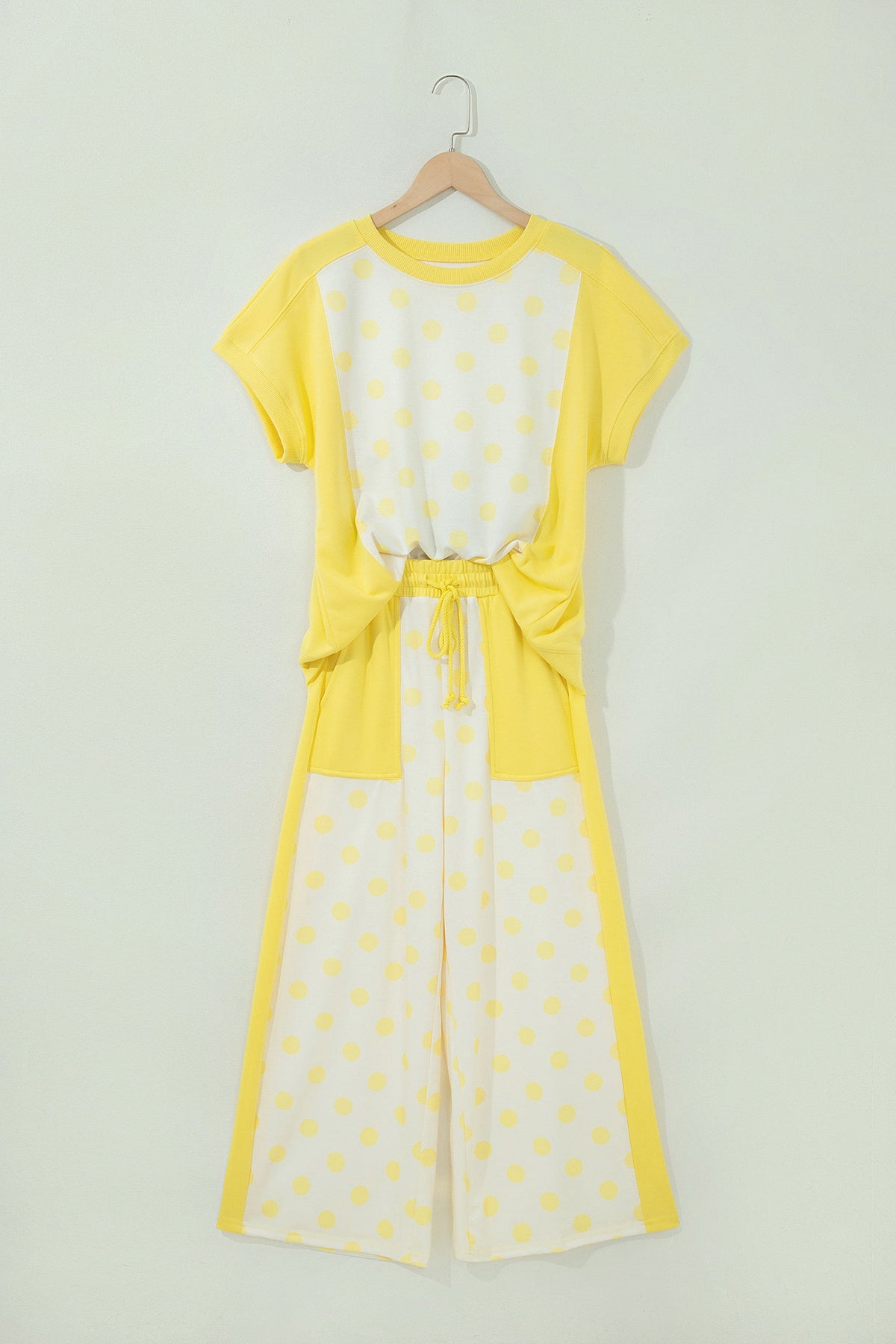 Polka Dot Colorblock Patchwork Top and Wide Leg Pants Set
