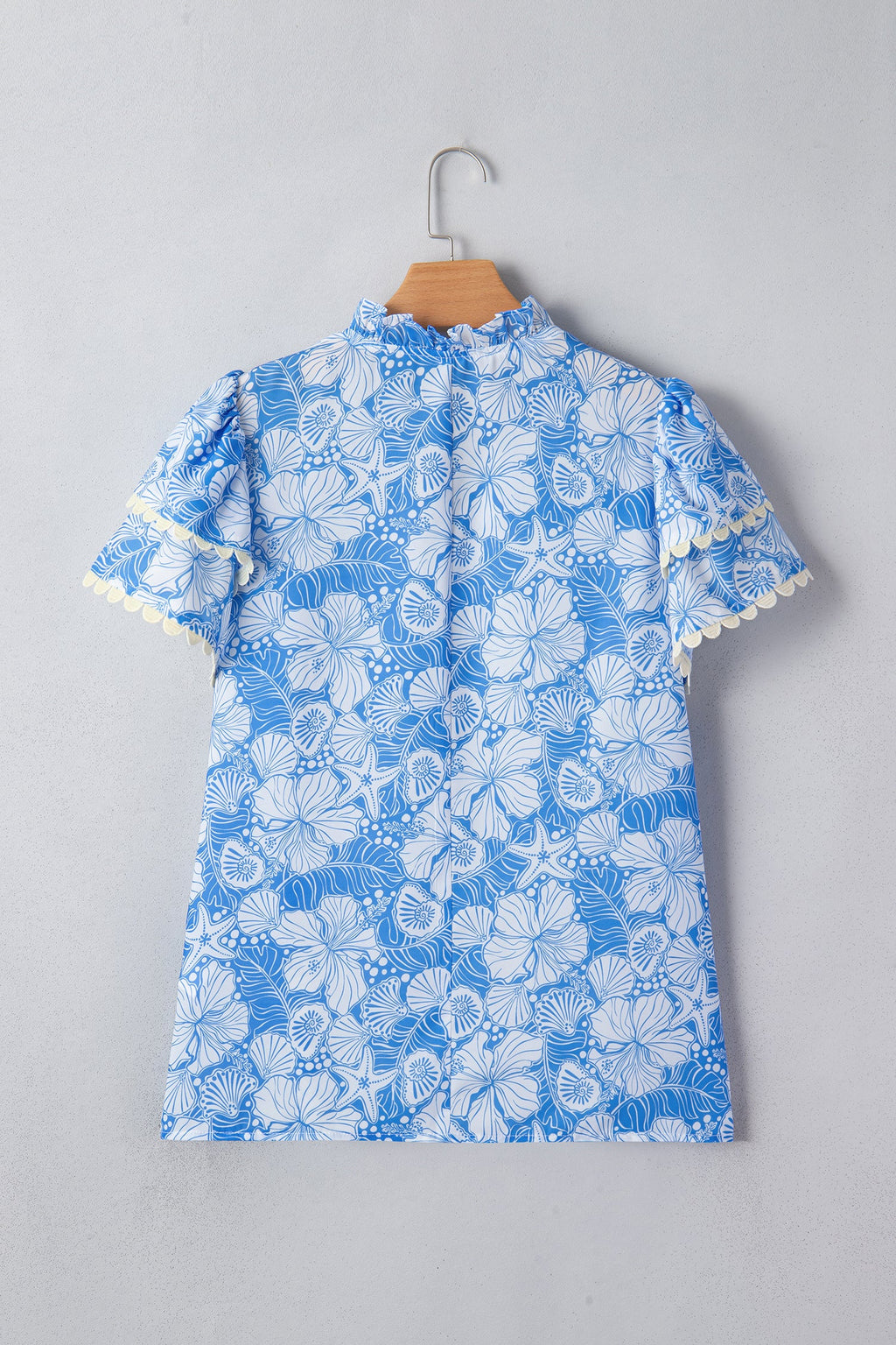 Oceanic Floral Scalloped Trim V-Neck Short Sleeve Blouse