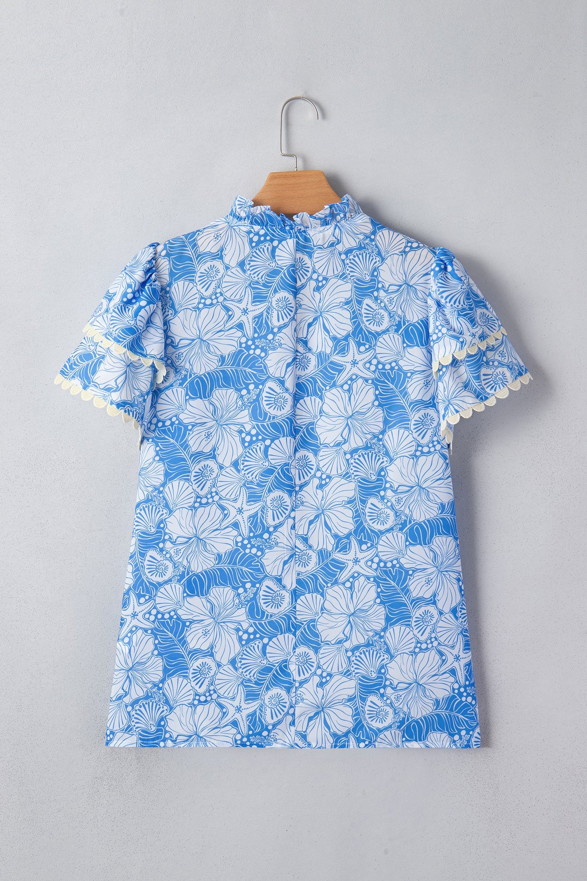 Oceanic Floral Scalloped Trim V-Neck Short Sleeve Blouse